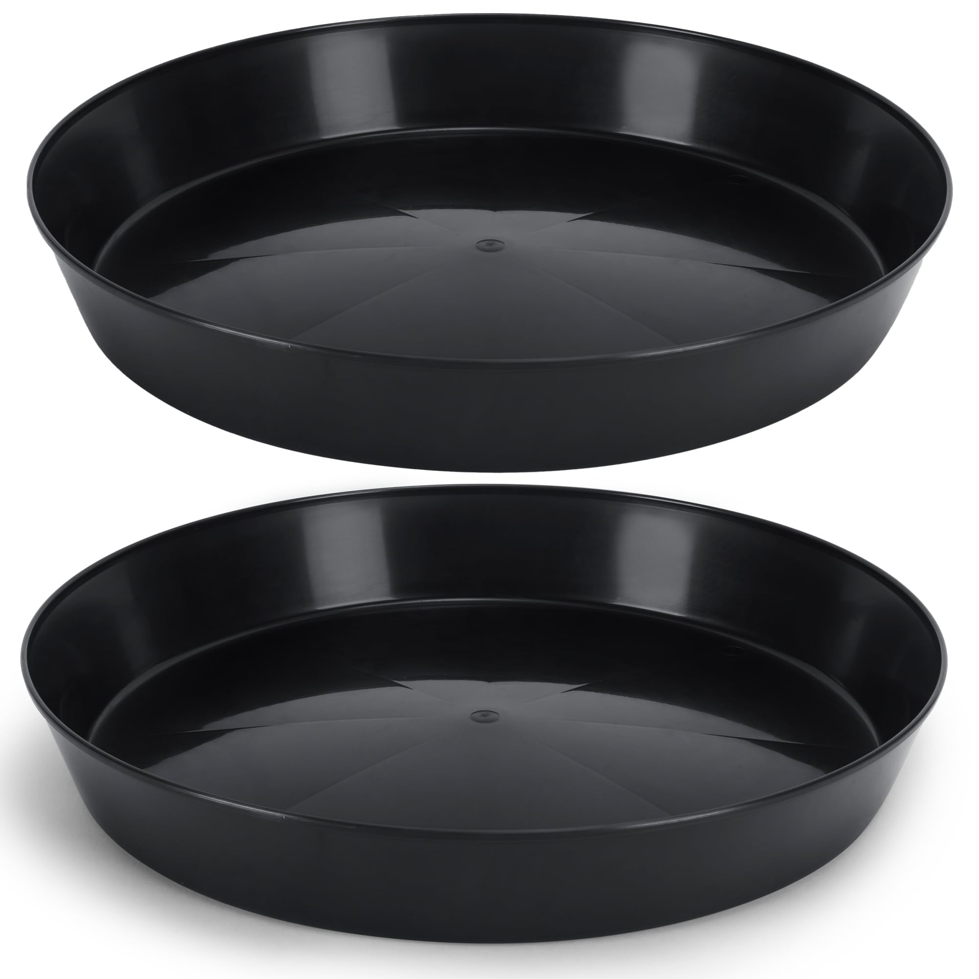 Austin Planter front view of two black saucers showing full diameter and rim, protects surfaces