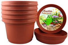 Austin Planter front view of 12 inch pot and saucer showcasing classic terra cotta look and readiness