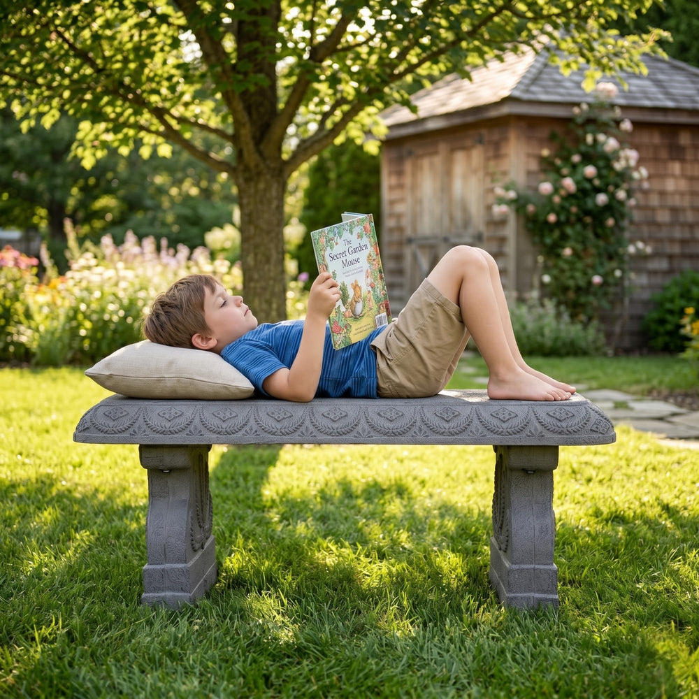 AUSTRAM bench on a porch illustrating weatherproof outdoor styling benefit