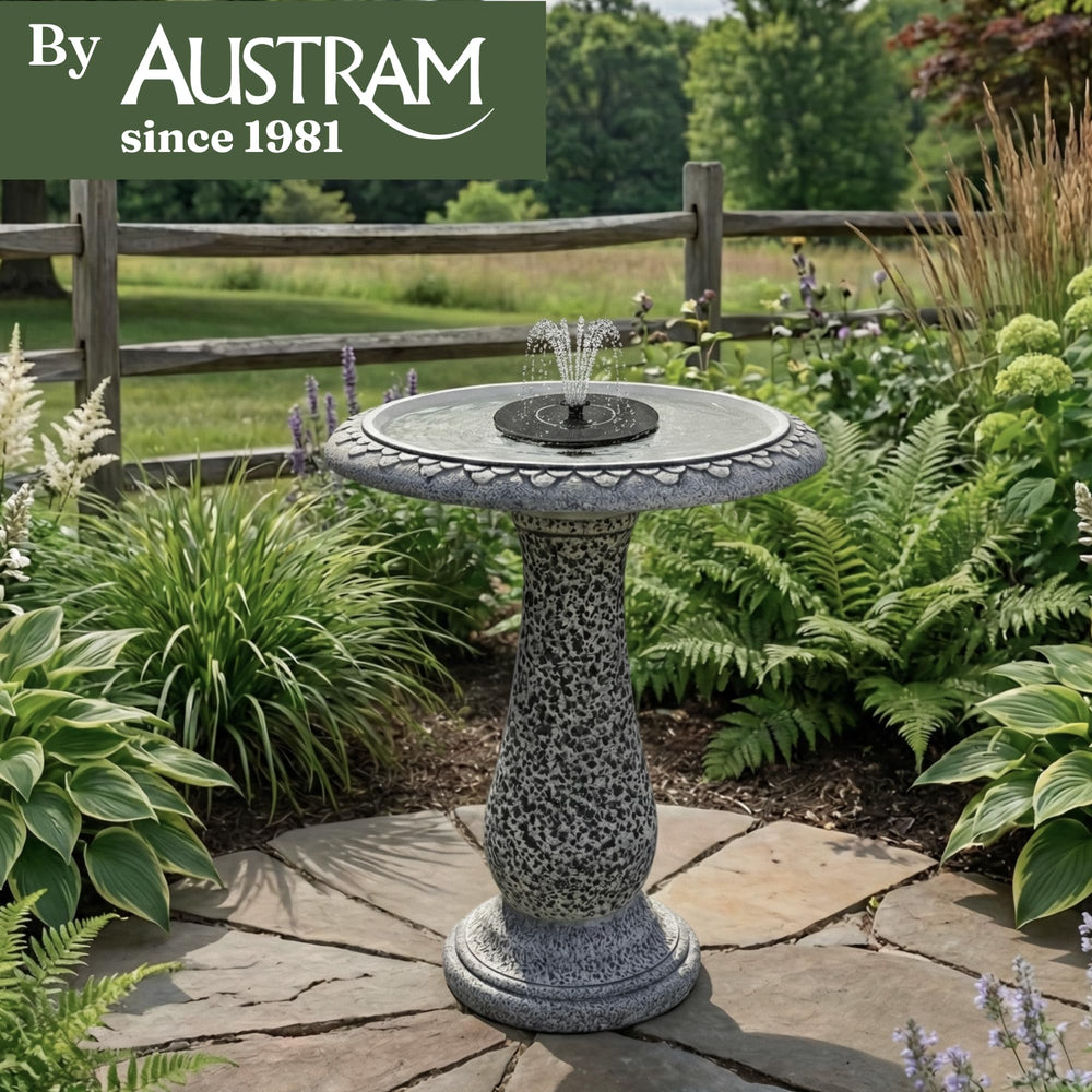 AUSTRAM birdbath on patio showing how it enhances outdoor living spaces