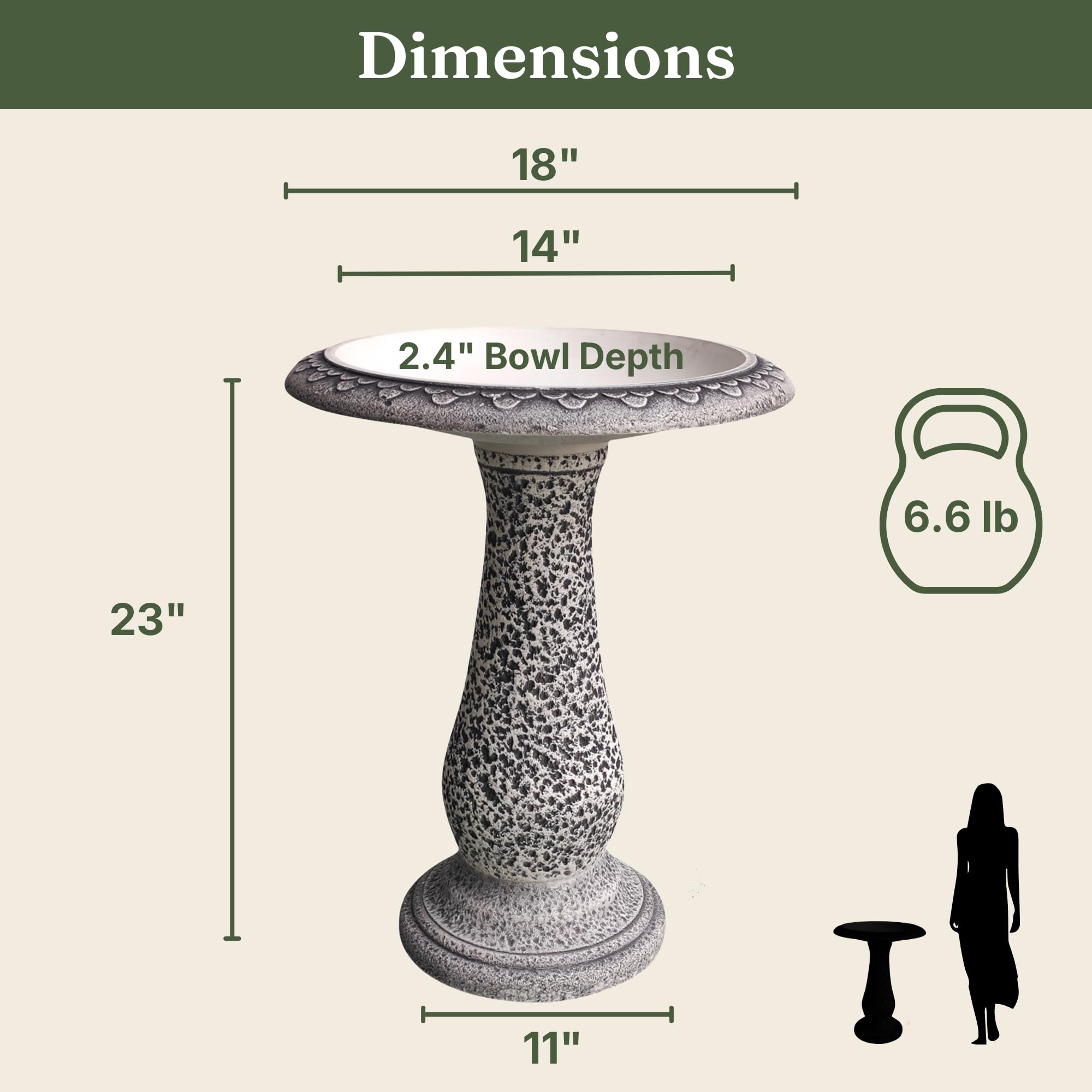 AUSTRAM birdbath next to garden tools demonstrating compact 23-inch scale
