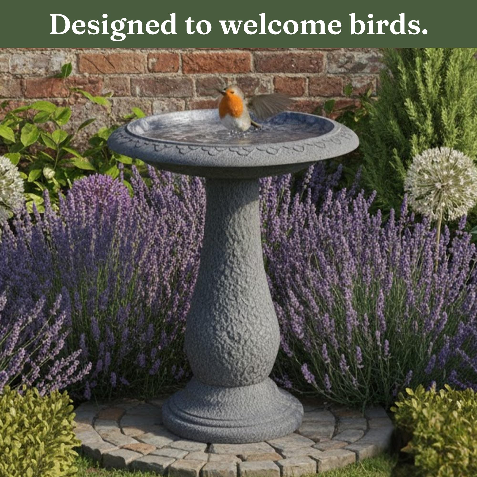 Austram birdbath bowl close-up with waterline showing textured interior and easy cleaning benefit