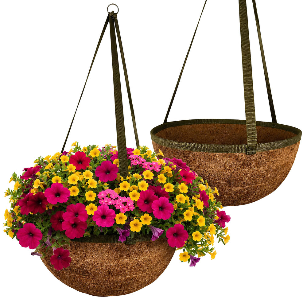 Austram hand-stitched hanging baskets front view showing natural coir and ready-to-hang benefit
