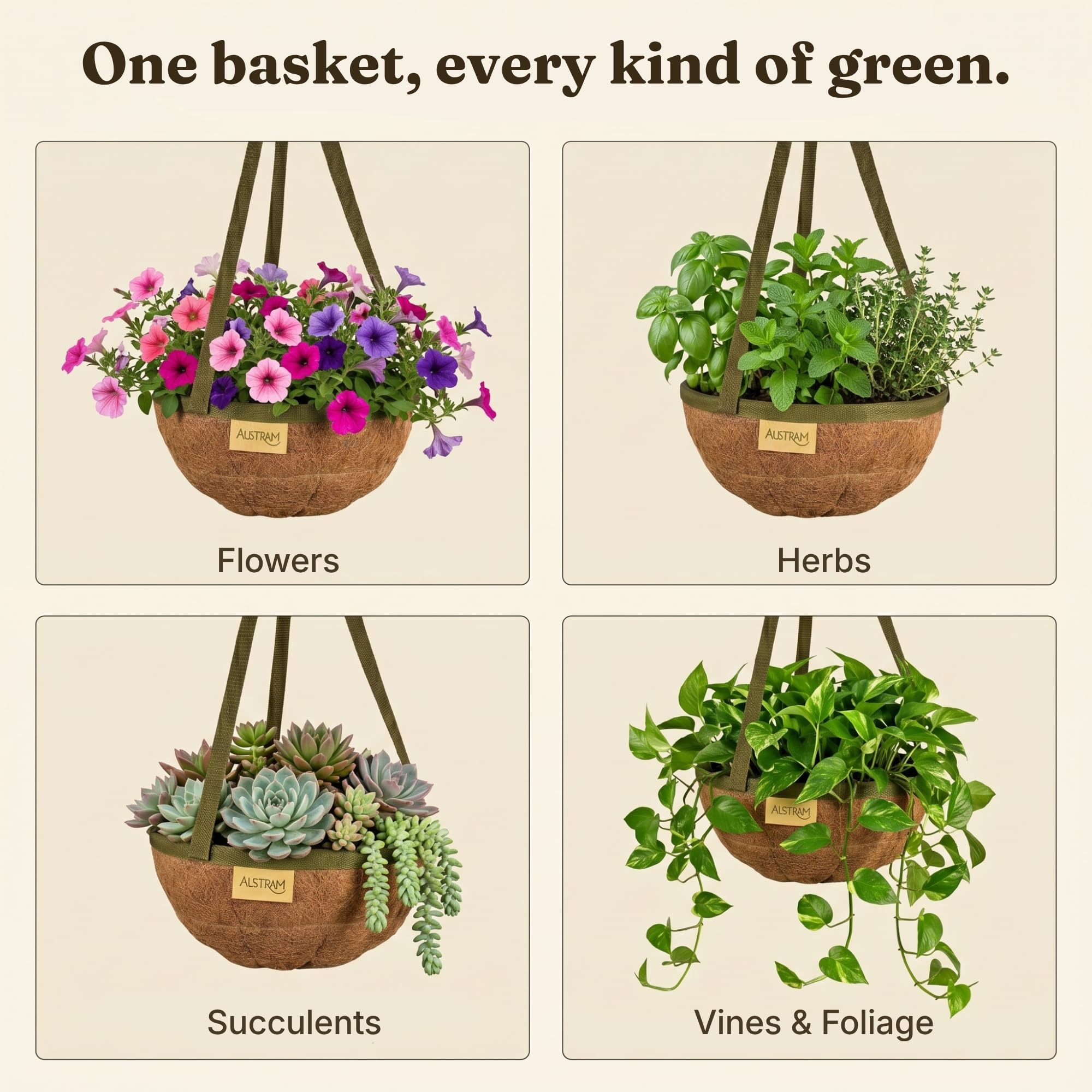 Austram basket beside chair showing size scale and generous planting capacity