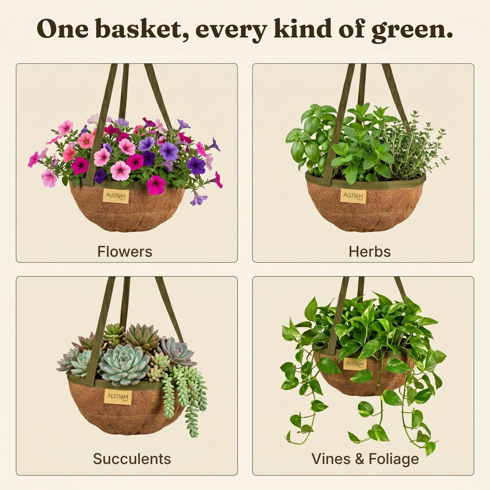 Austram basket beside chair showing size scale and generous planting capacity