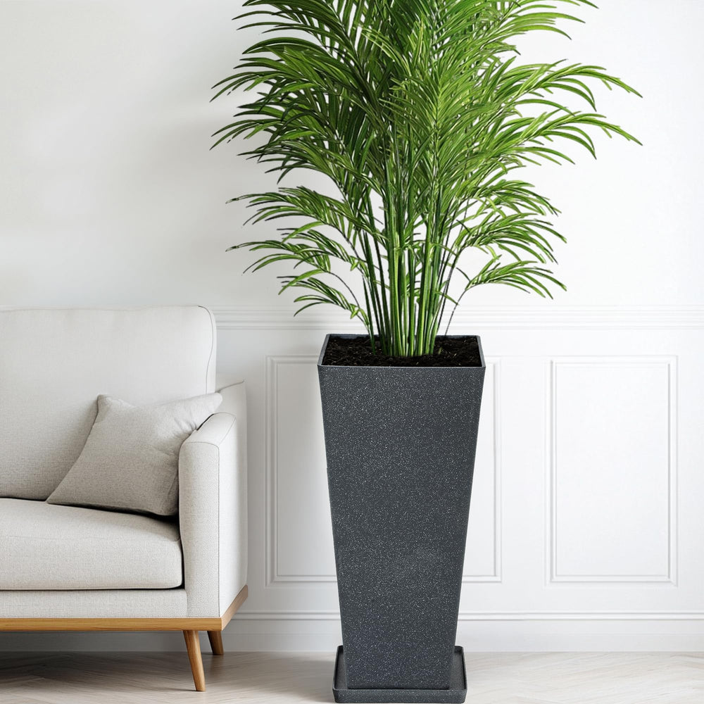 AUTO DAYA black planter staged on porch for seasonal décor and low upkeep