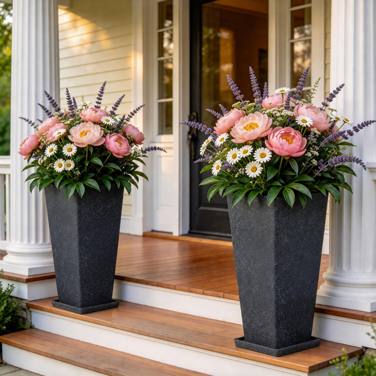 AUTO DAYA front view of two tall planters showing modern silhouette and curb appeal