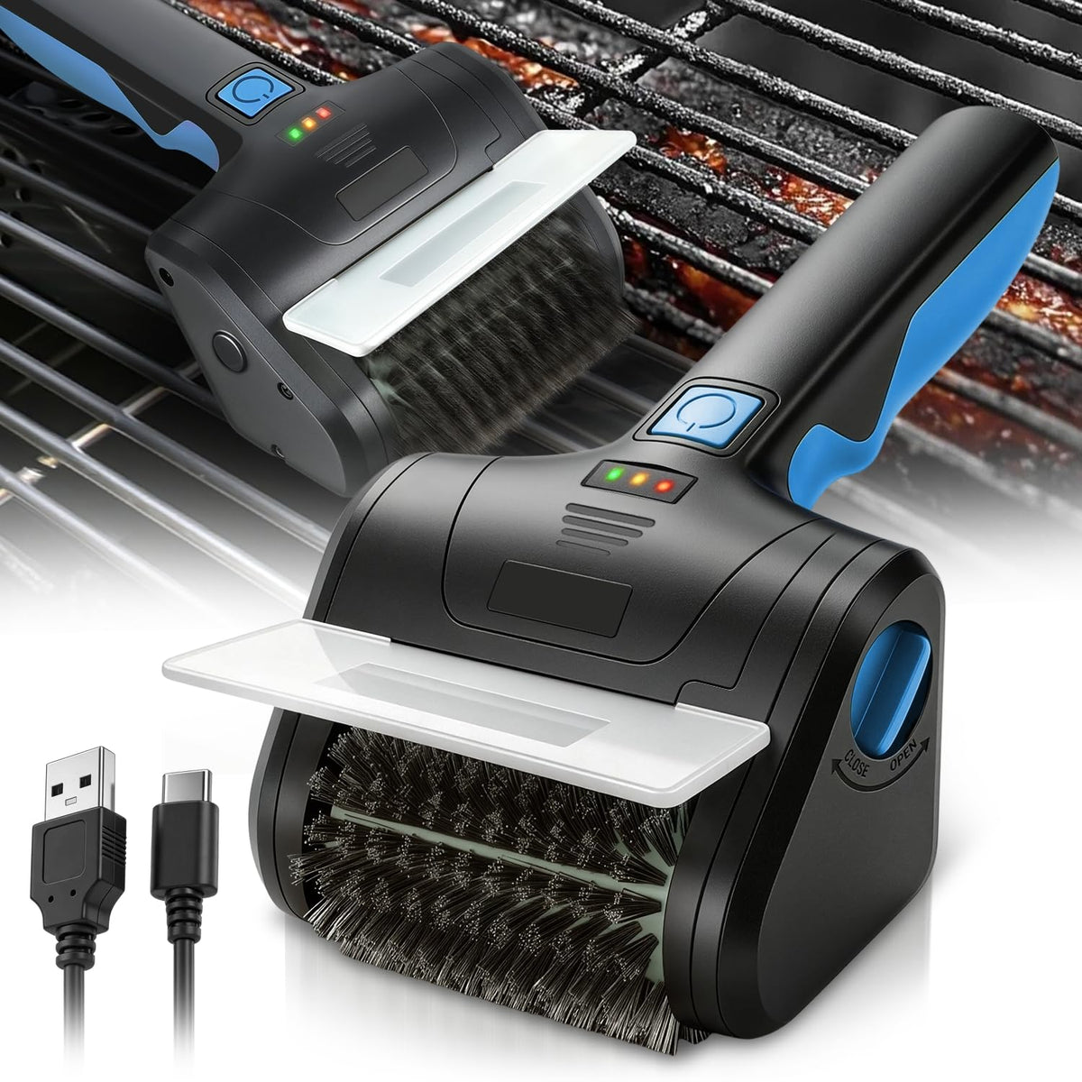 Auto Dynasty front view of blue electric grill brush showing product benefits