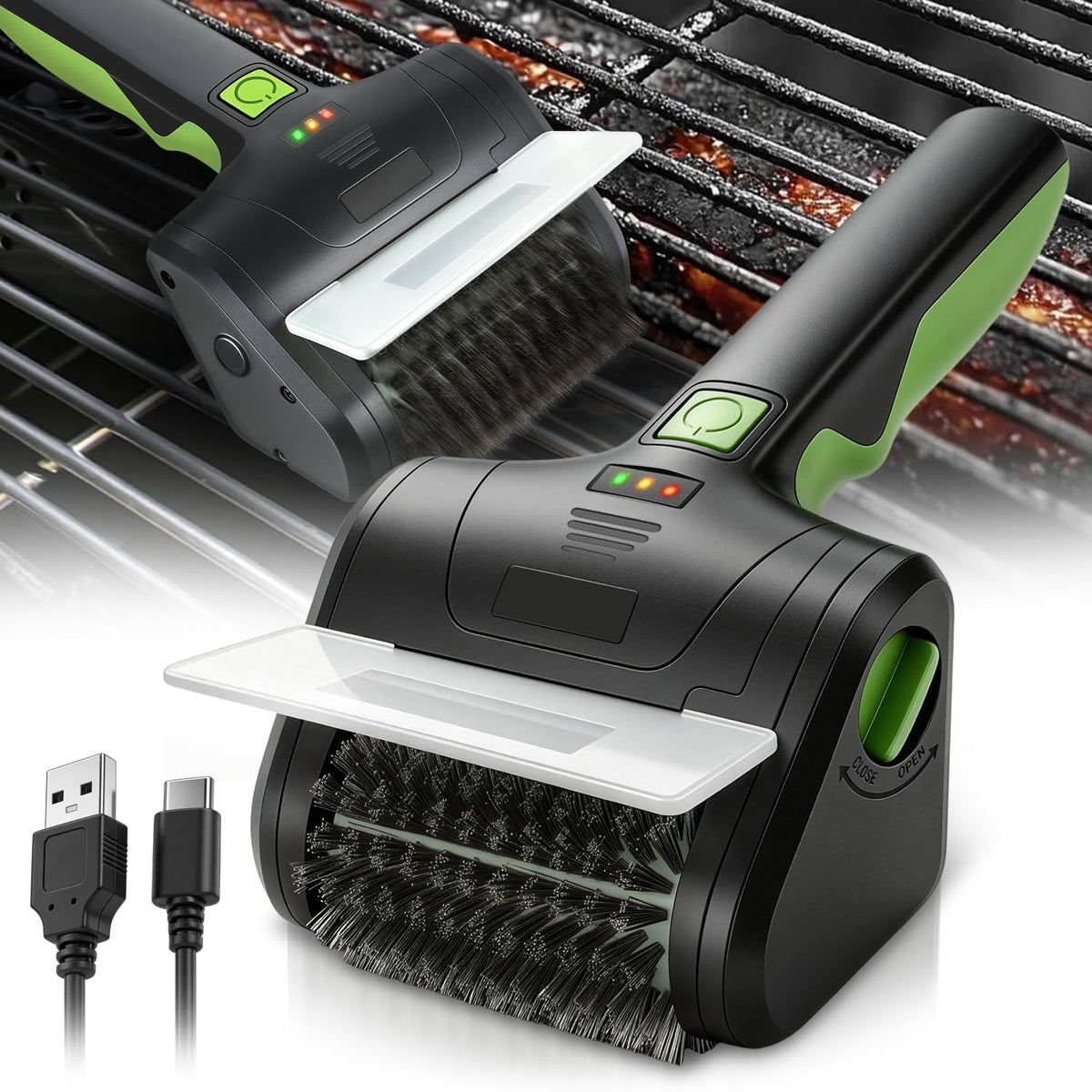 Auto Dynasty front view of green electric grill brush shows compact design and easy handling