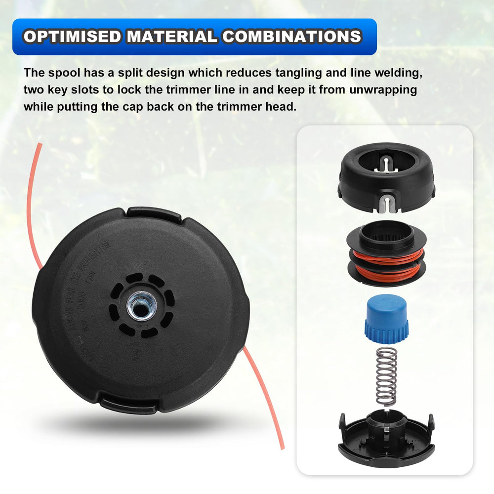 AUTOBABA trimmer head beside tape measure illustrating compact size and easy storage