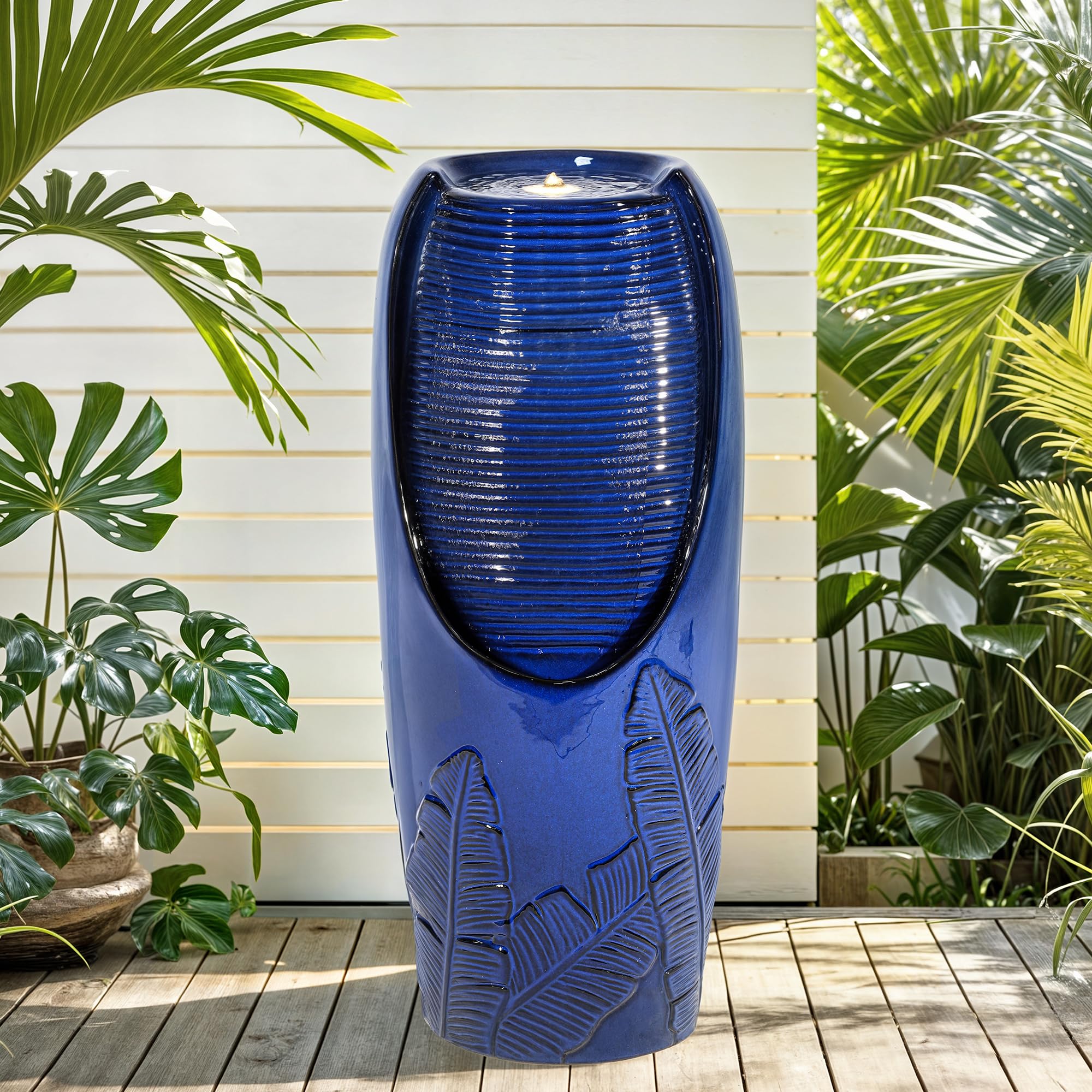 AUTO DAYA front view of cobalt blue ceramic jar fountain, shows elegant focal point