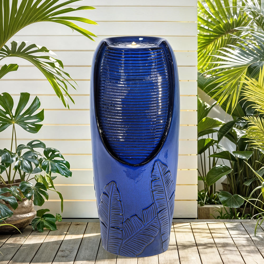 AUTO DAYA front view of cobalt blue ceramic jar fountain, shows elegant focal point
