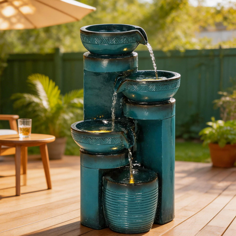 AUTO DAYA front view of four-tier faux ceramic fountain showing elegant shape and glow