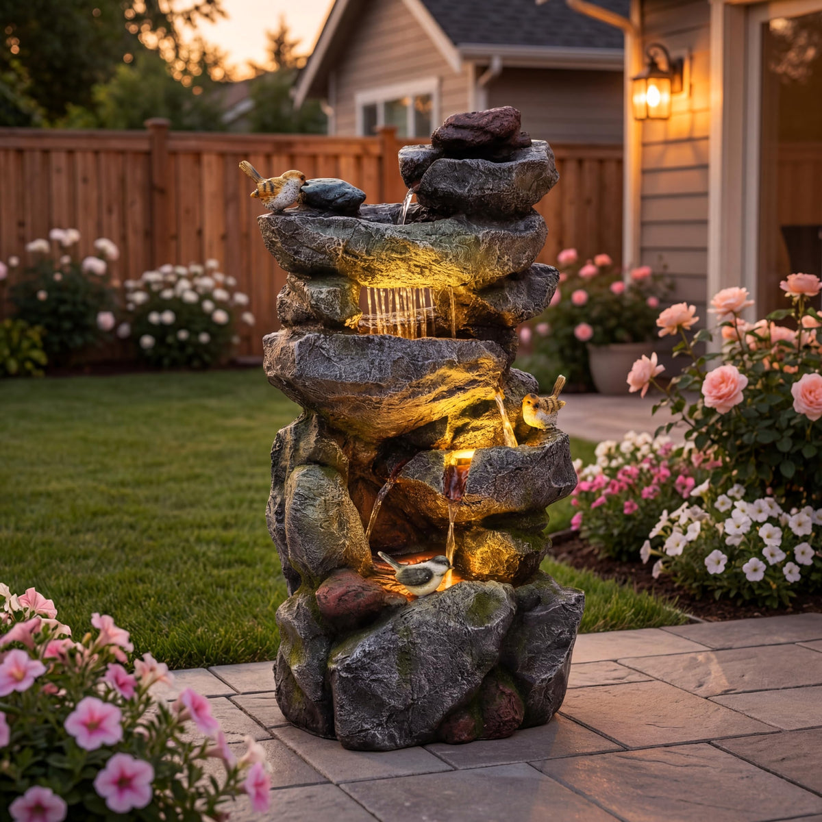 AUTODAYA front view fountain showing full multi-tier design and calm water benefits