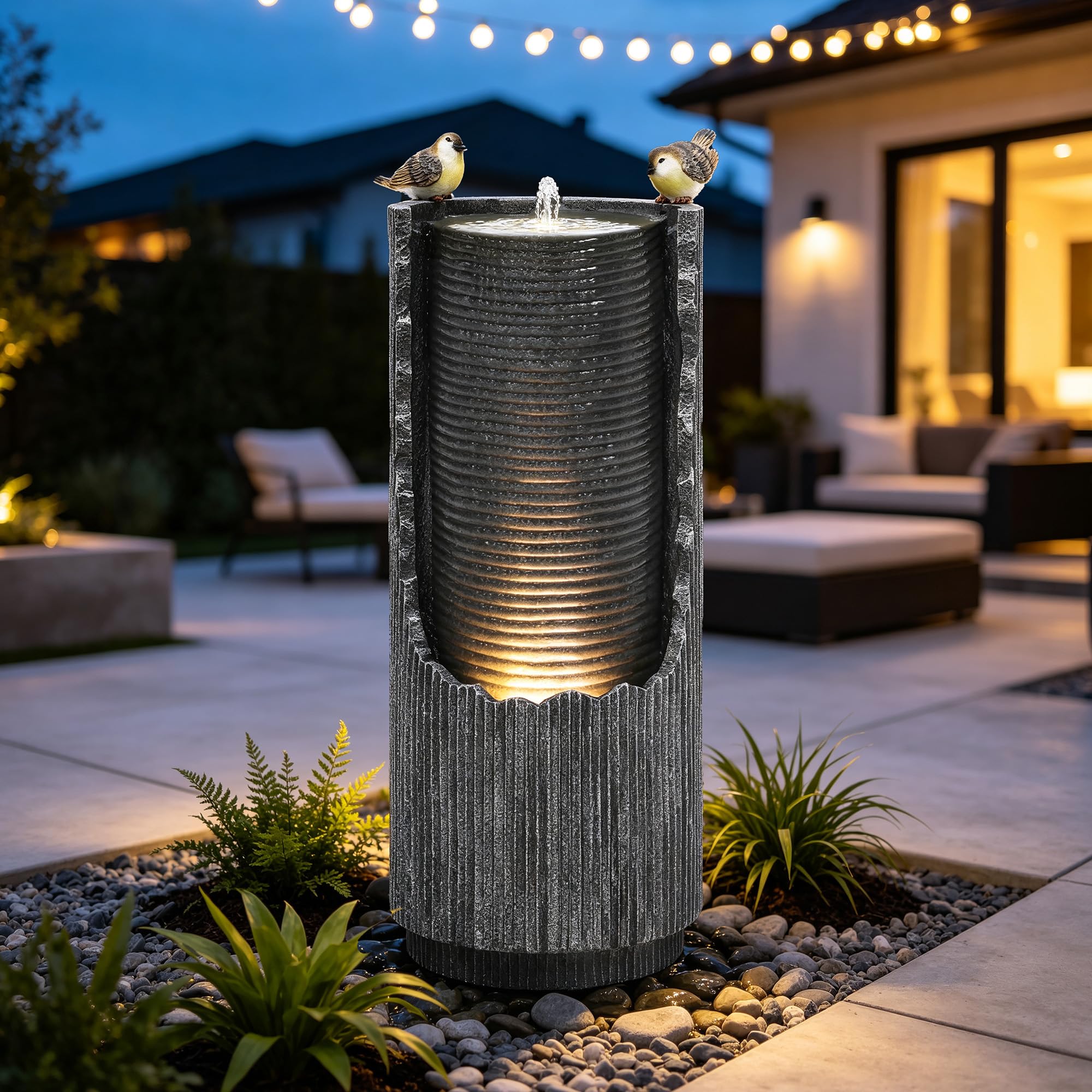 AUTODAYA front view of distressed fluted column fountain showcasing elegant focal point