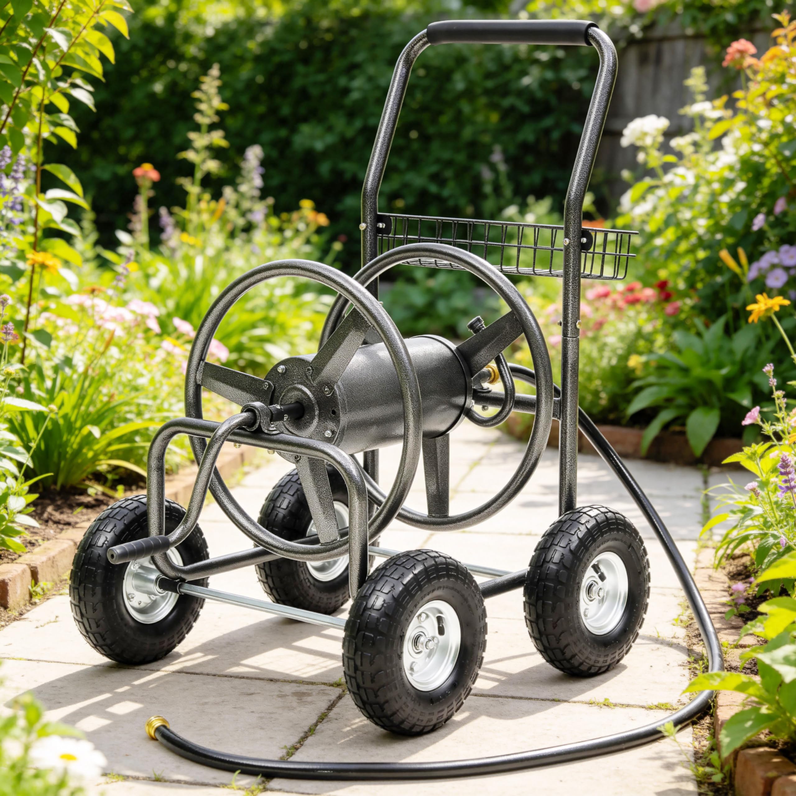 Autodaya front view of hose reel cart showing capacity and mobility
