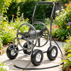 Autodaya front view of hose reel cart showing capacity and mobility