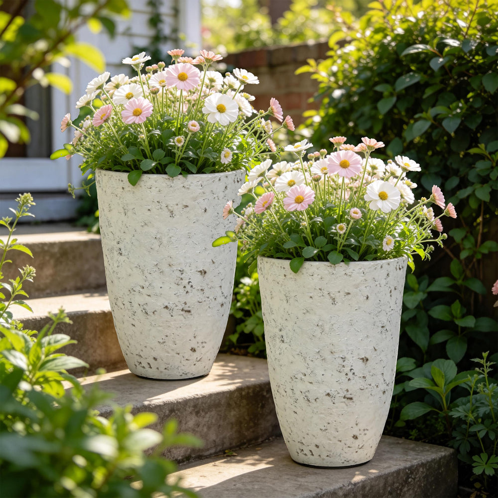 AUTODAYA front view of both tall planters showing vintage charm and curb appeal