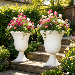 AUTO DAYA front view of two white terrazzo urn planters showing elegant shape and curb appeal