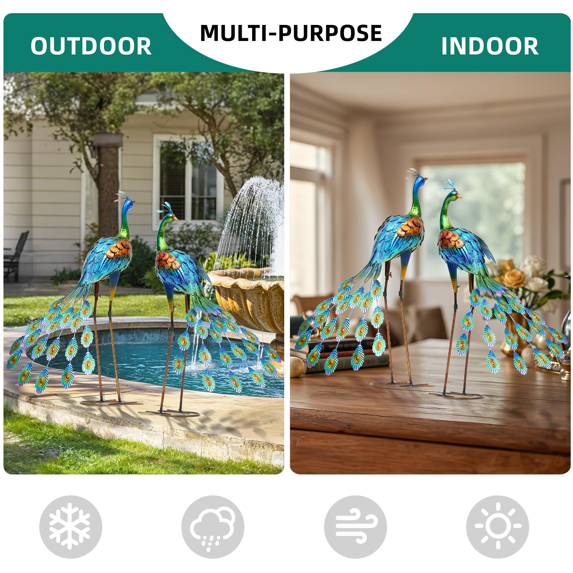 Autodaya peacock beside garden bench illustrating 32-inch scale and strong visual presence
