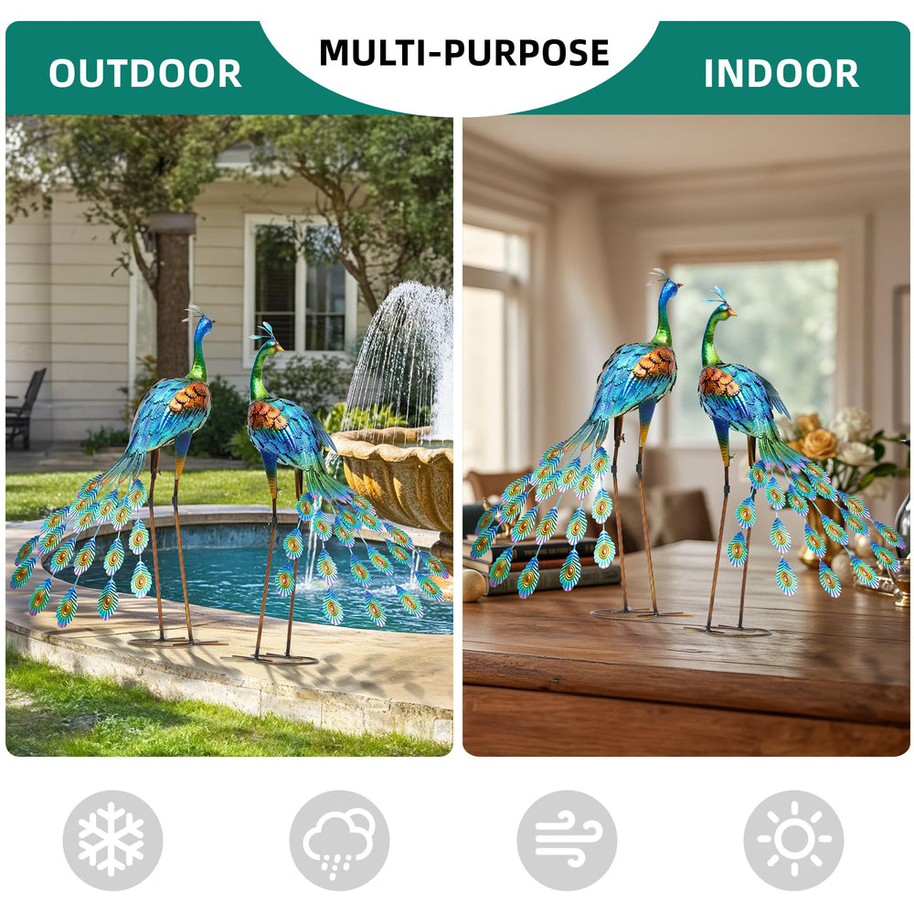 Autodaya peacock beside garden bench illustrating 32-inch scale and strong visual presence