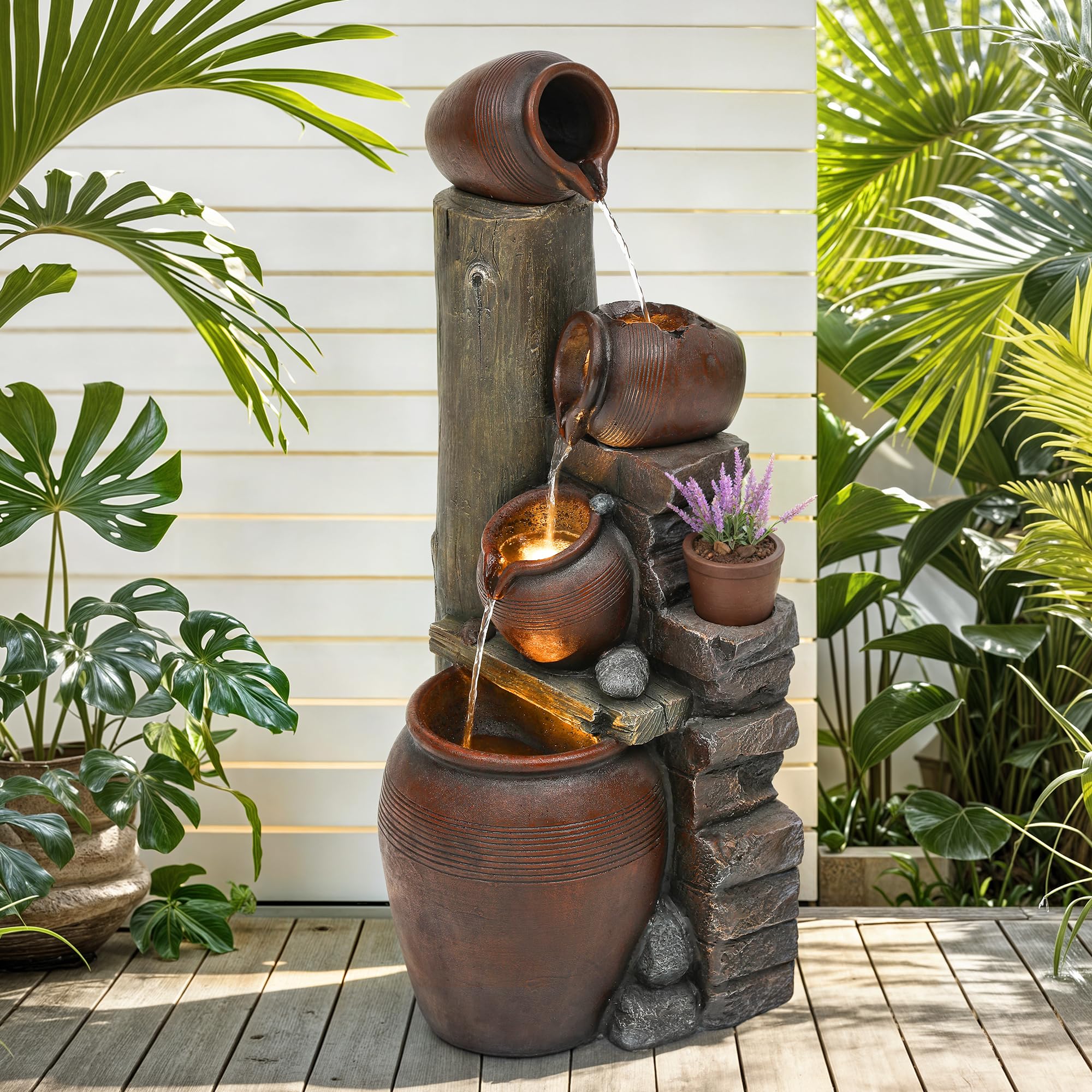 AUTO DAYA porch lifestyle display showing fountain enhancing outdoor living area