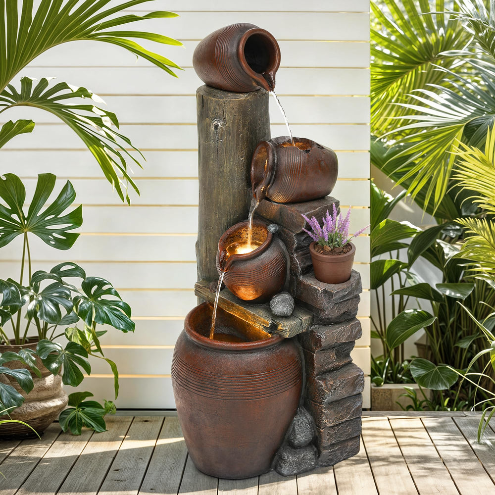 AUTO DAYA porch lifestyle display showing fountain enhancing outdoor living area