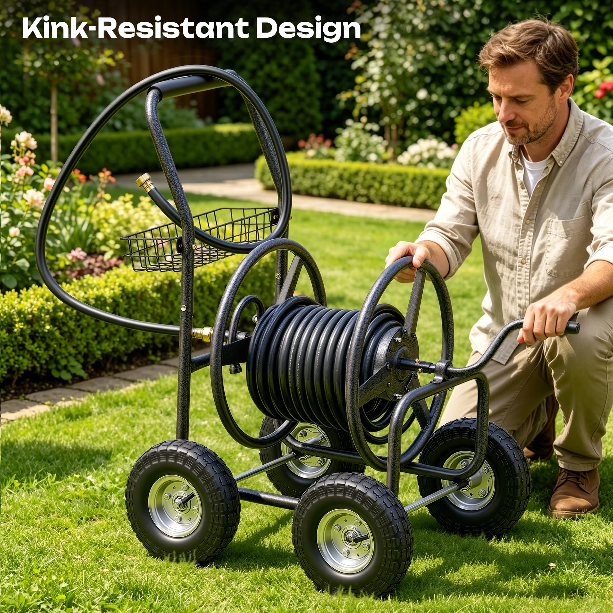 Autodaya hose reel in use in garden for tangle-free watering