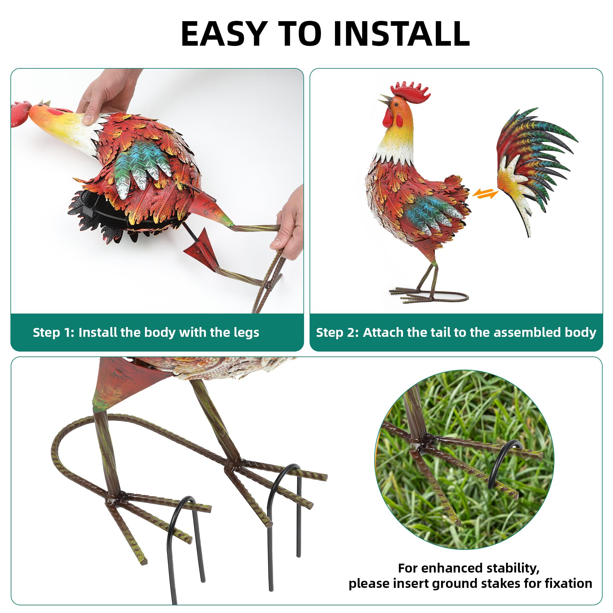 Autodaya rooster with ground stake installed for stable outdoor display