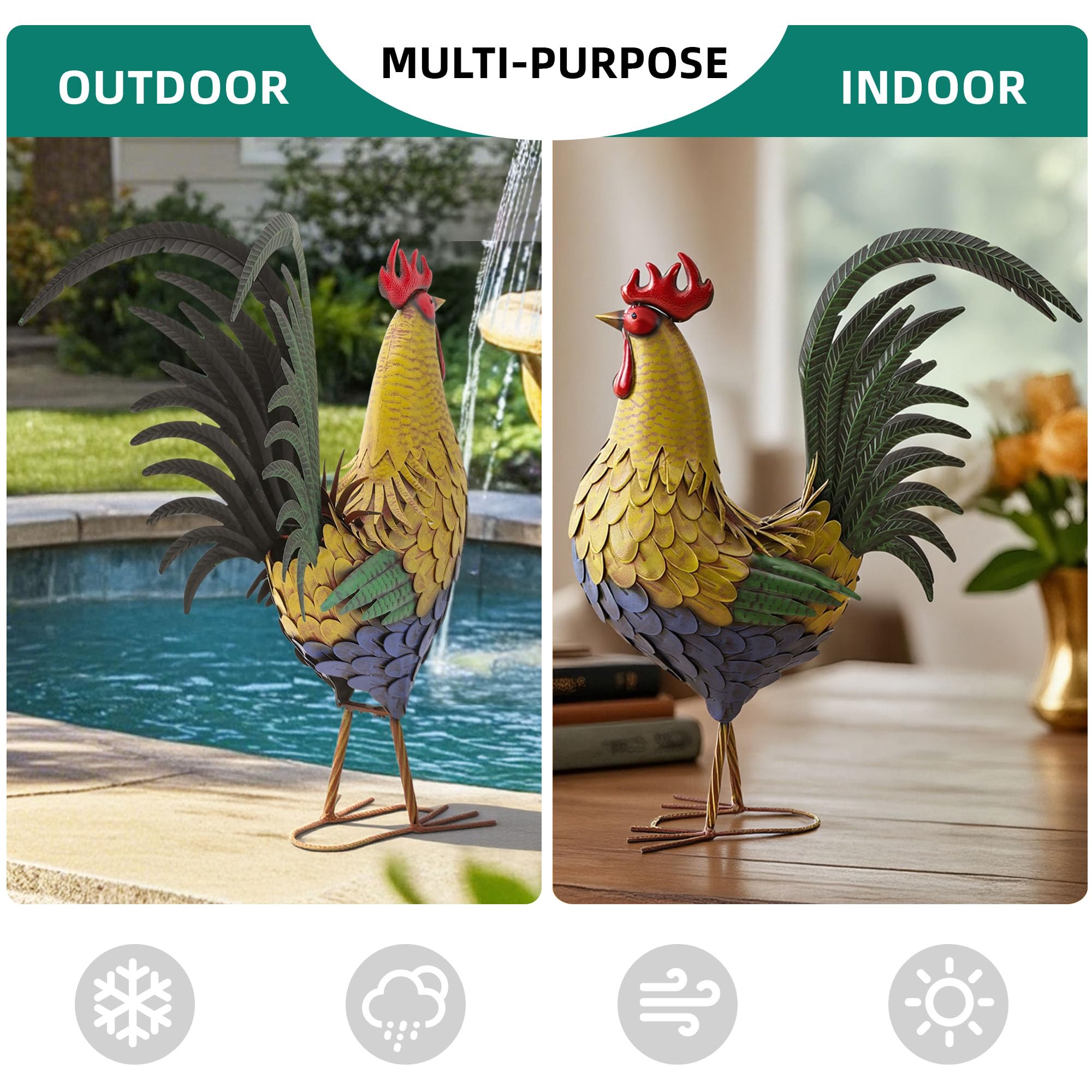 Autodaya rooster placed in garden bed adding farmhouse personality and focal interest