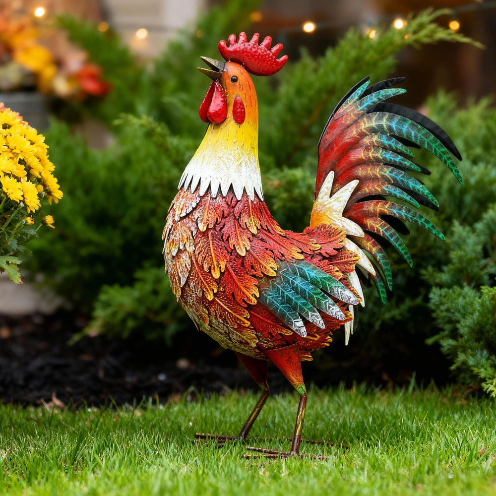 Autodaya rooster side profile highlighting 3D textured metal feathers