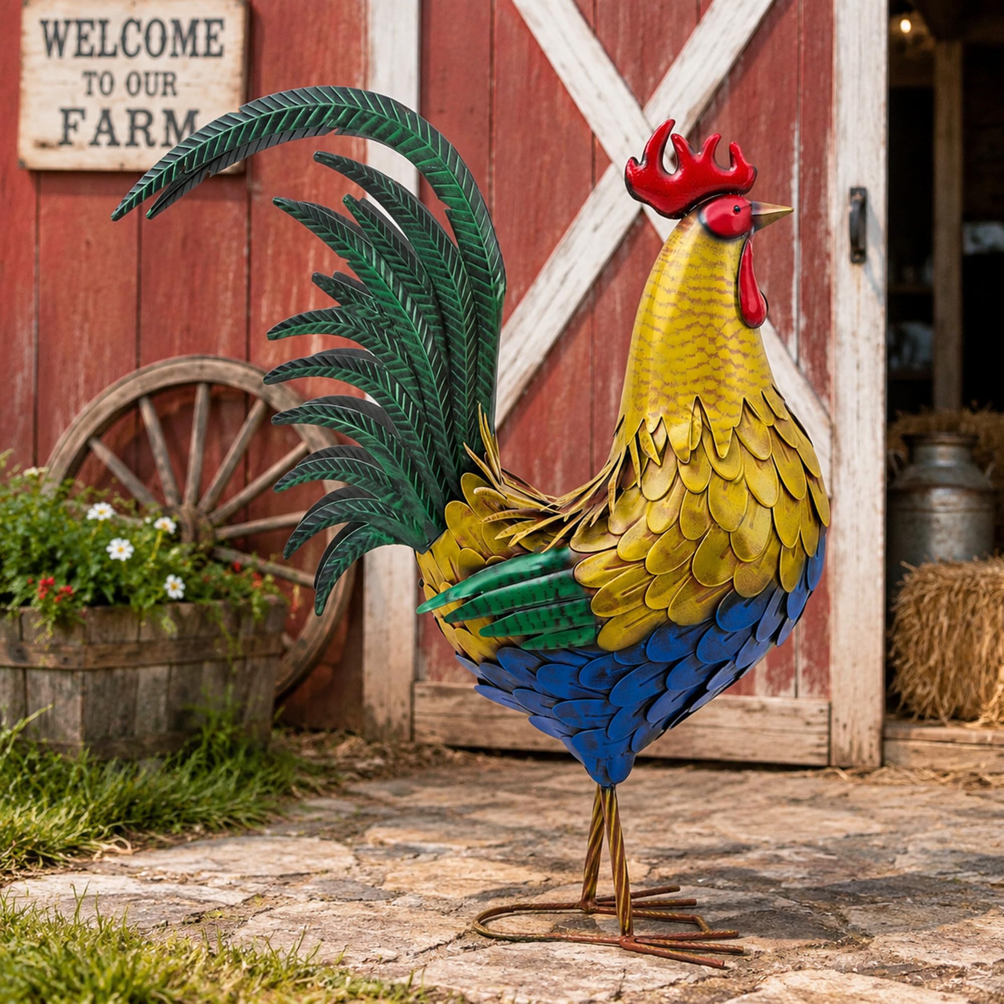 Autodaya rooster side profile highlighting durable iron silhouette and outdoor charm