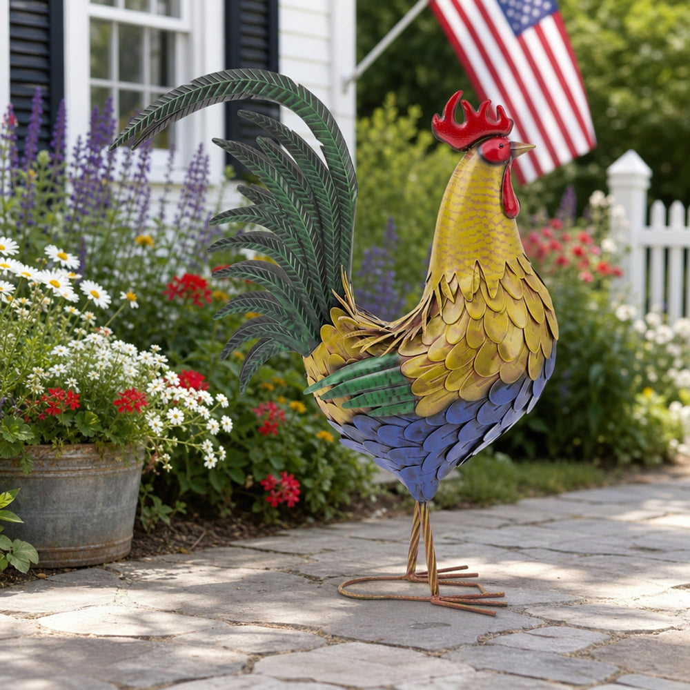 Autodaya rooster next to a chair showing 32-inch scale and visual impact