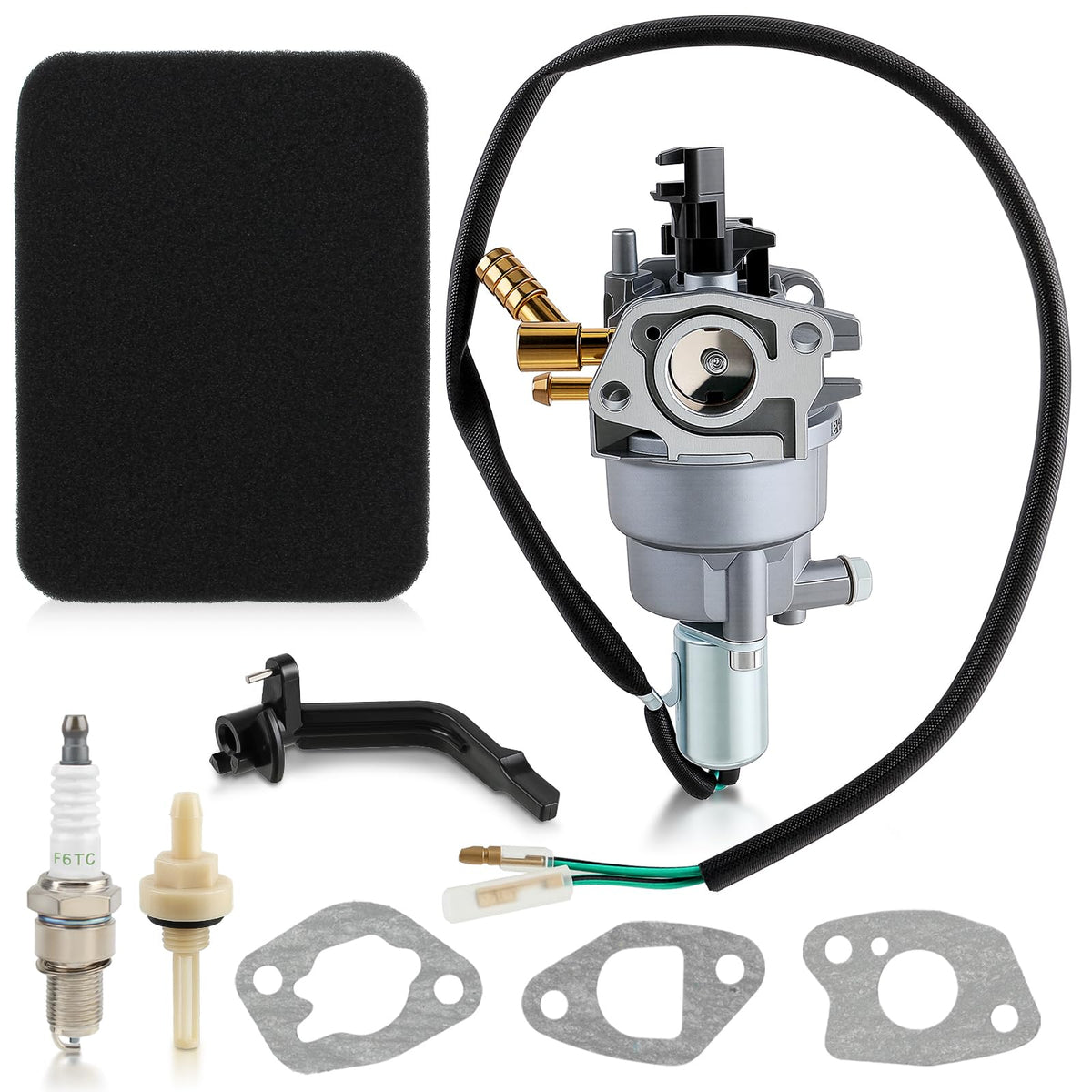 AUTOKAY carburetor front view showing direct-fit mounting for Champion generators and reliable fuel flow