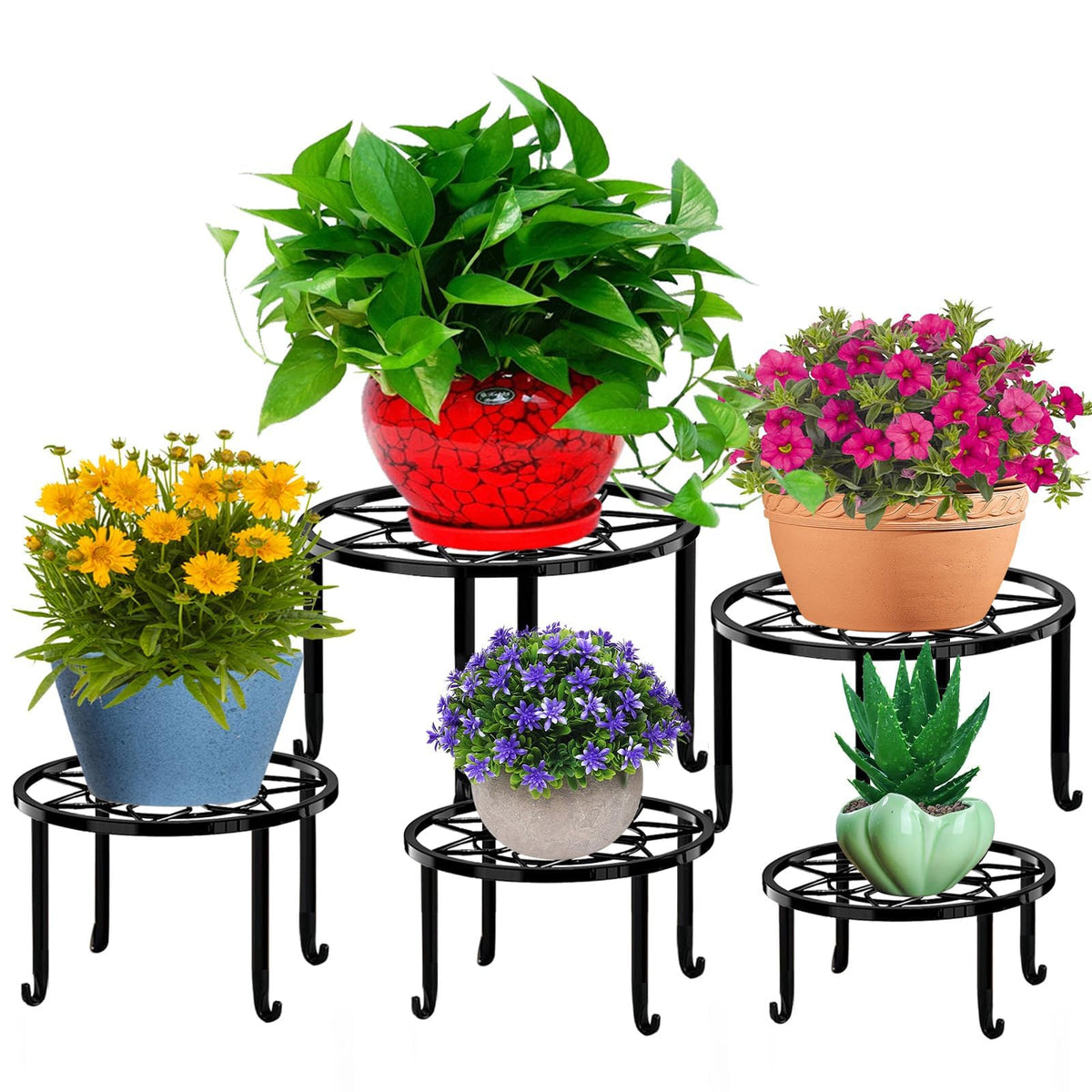 Autopromake front view of five metal plant stands showcasing variety and style