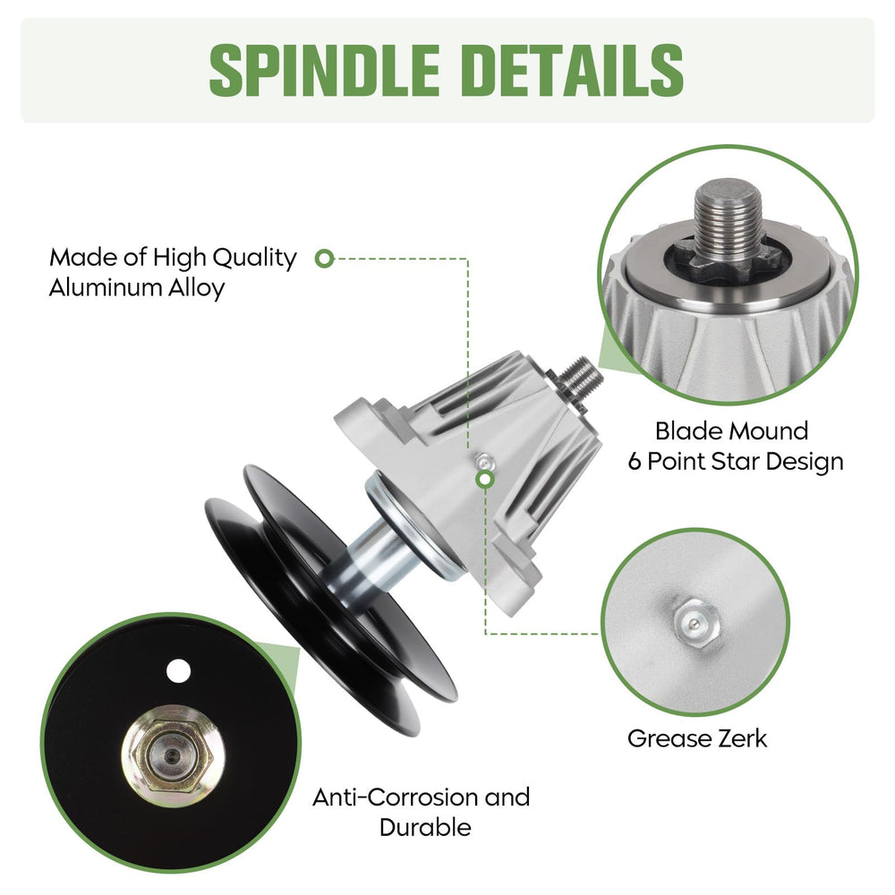 Autsurles spindle installed under a 54-inch deck demonstrating proper alignment and stability