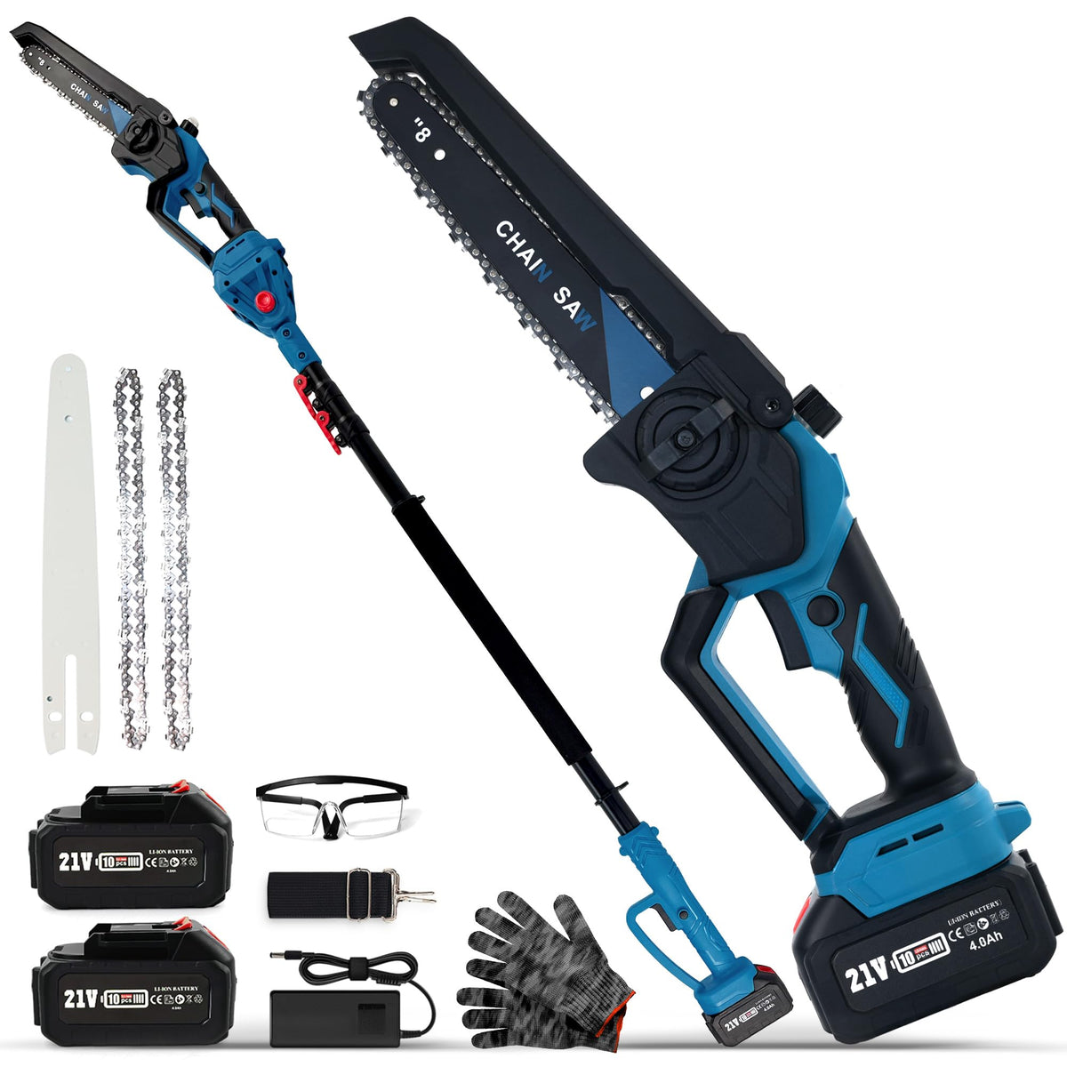 Autubin front view assembled pole saw showing reach and compact storage benefit