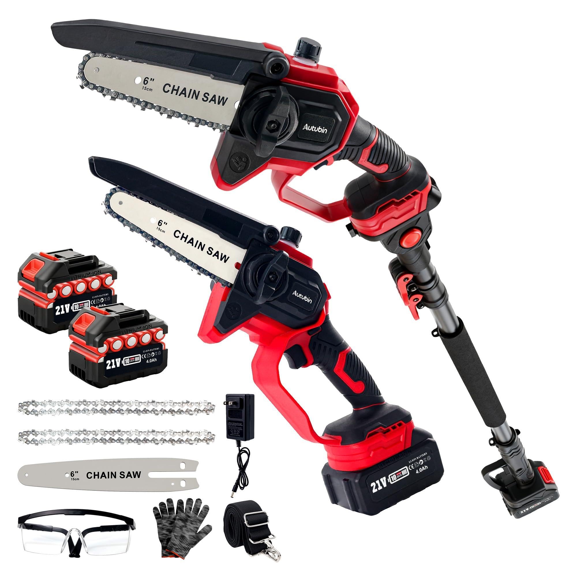 Autubin front view of full pole saw kit showing included batteries and charger, clear benefit: ready-to-use