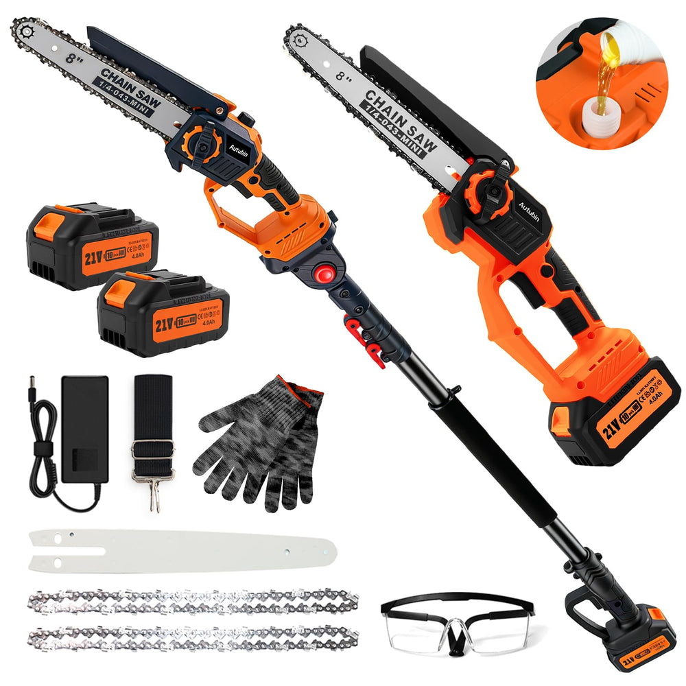 Autubin front view of pole saw and mini chainsaw showing compact design and portability