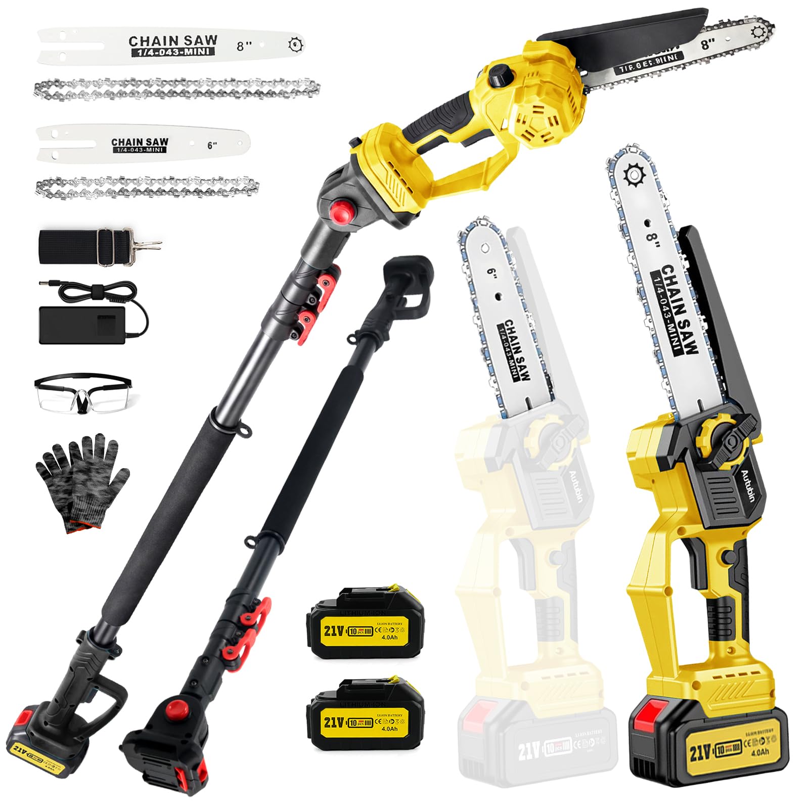 Autubin front view of 2-in-1 pole saw and mini chainsaw showing compact design and versatility
