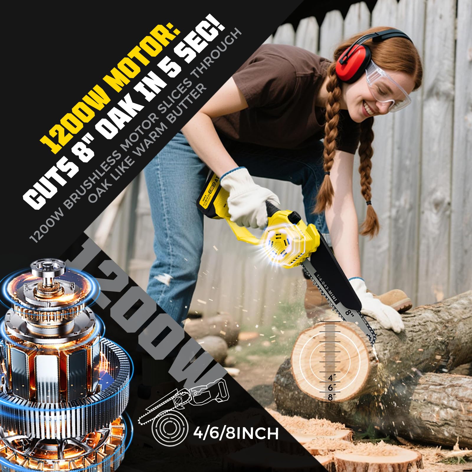 Autubin handheld mini chainsaw in use cutting a low branch for efficient pruning