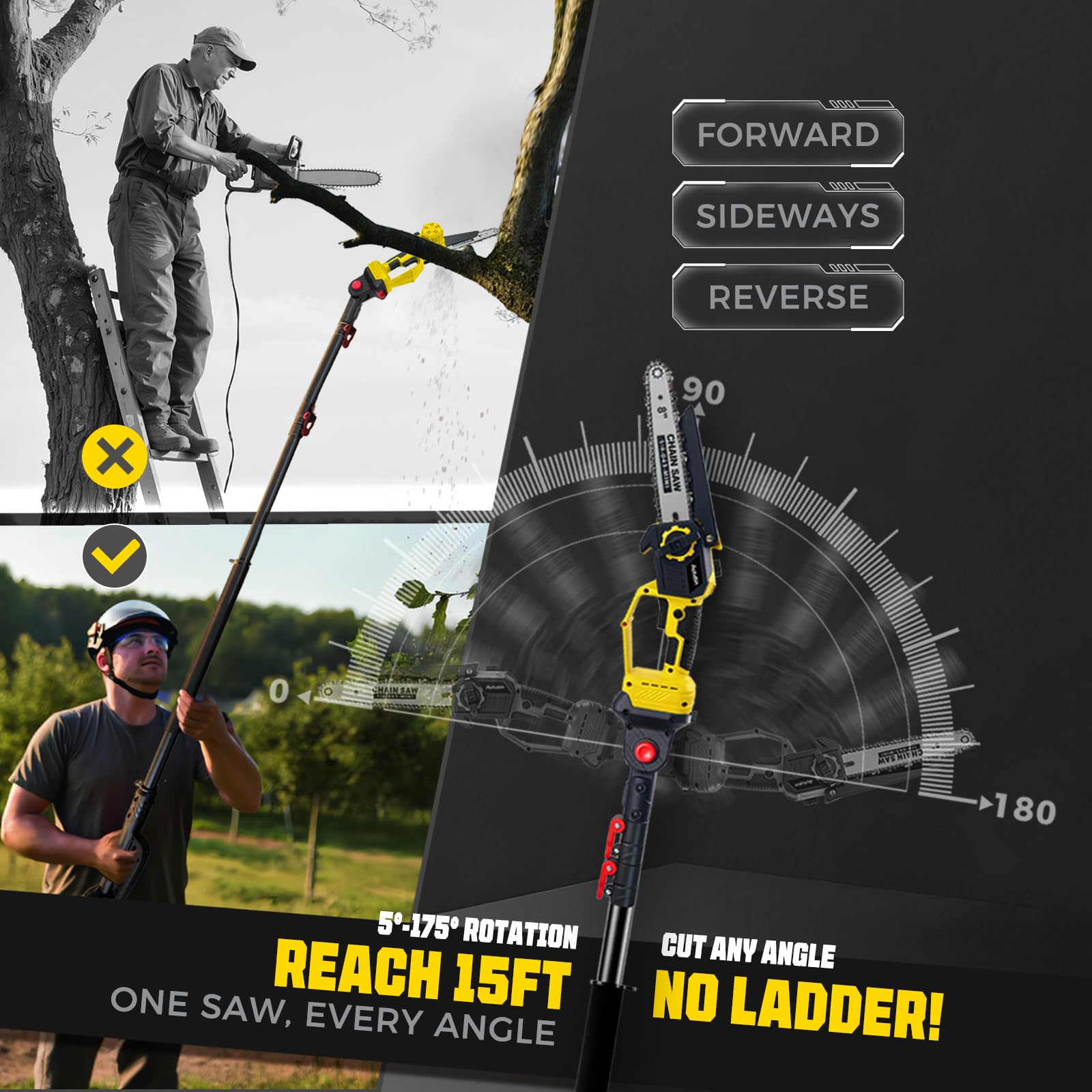 Autubin pole fully extended demonstrating 16 ft maximum reach for safer trimming