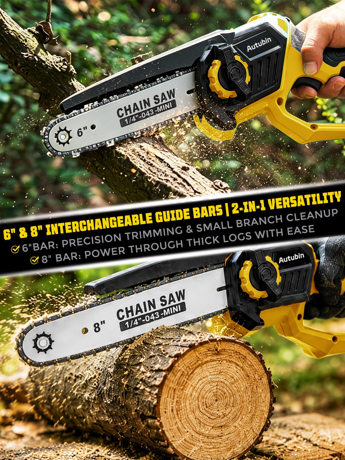 Autubin pole saw fully extended to show reach and overhead cutting capability