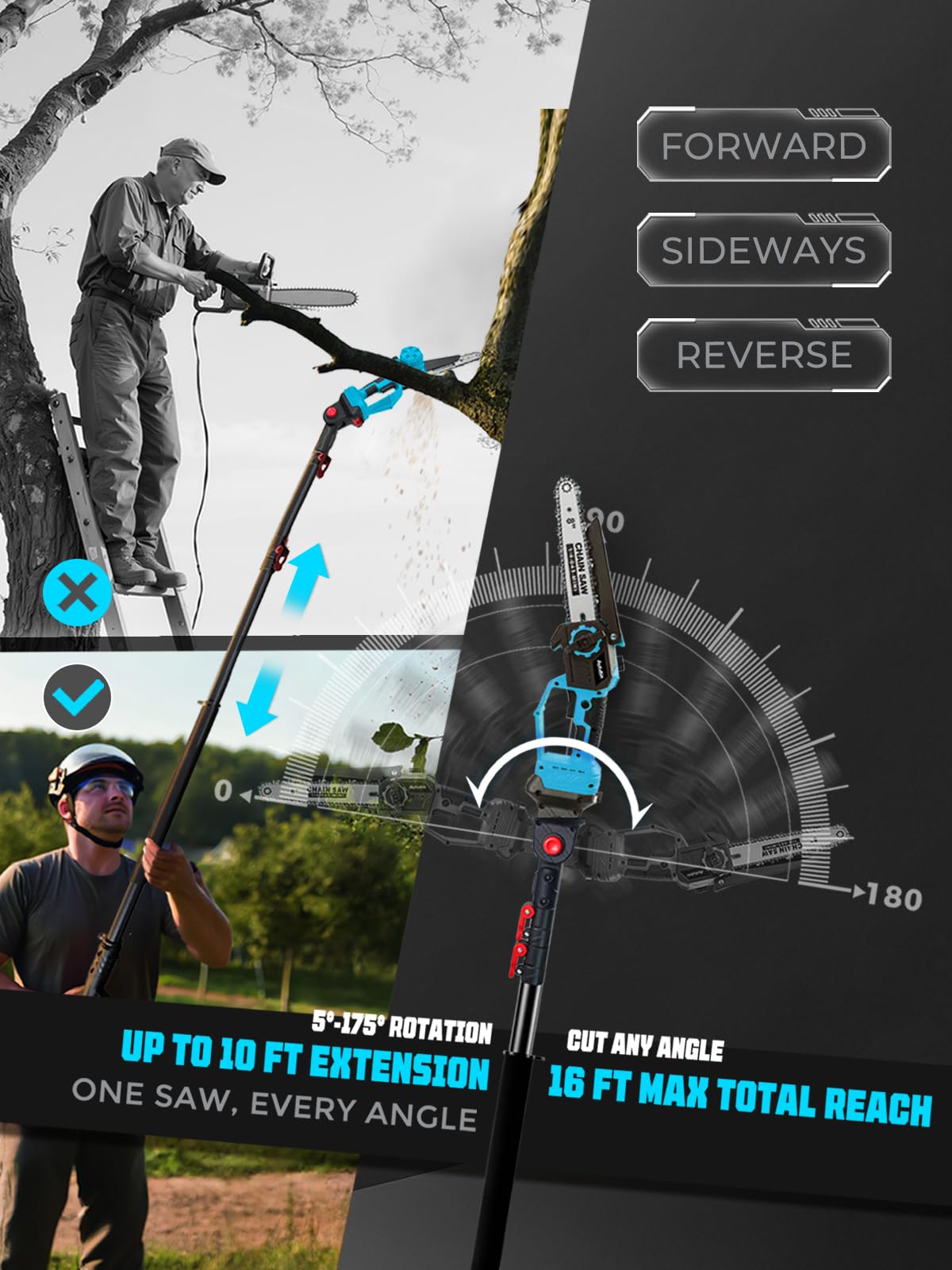Autubin telescoping pole fully extended illustrating extended reach for high branches