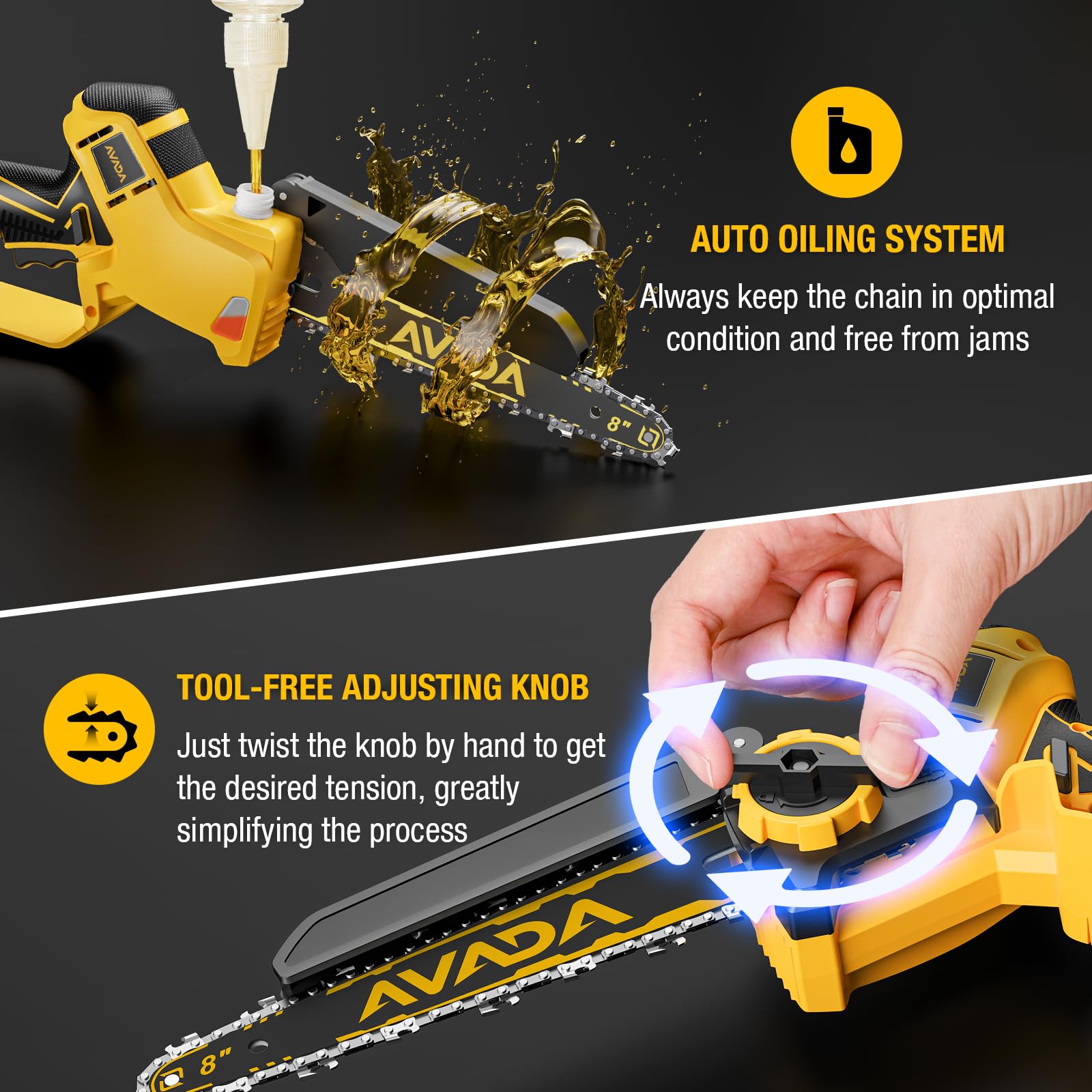 AVADA chain and guide plate detail showing quick replacement and maintenance benefit