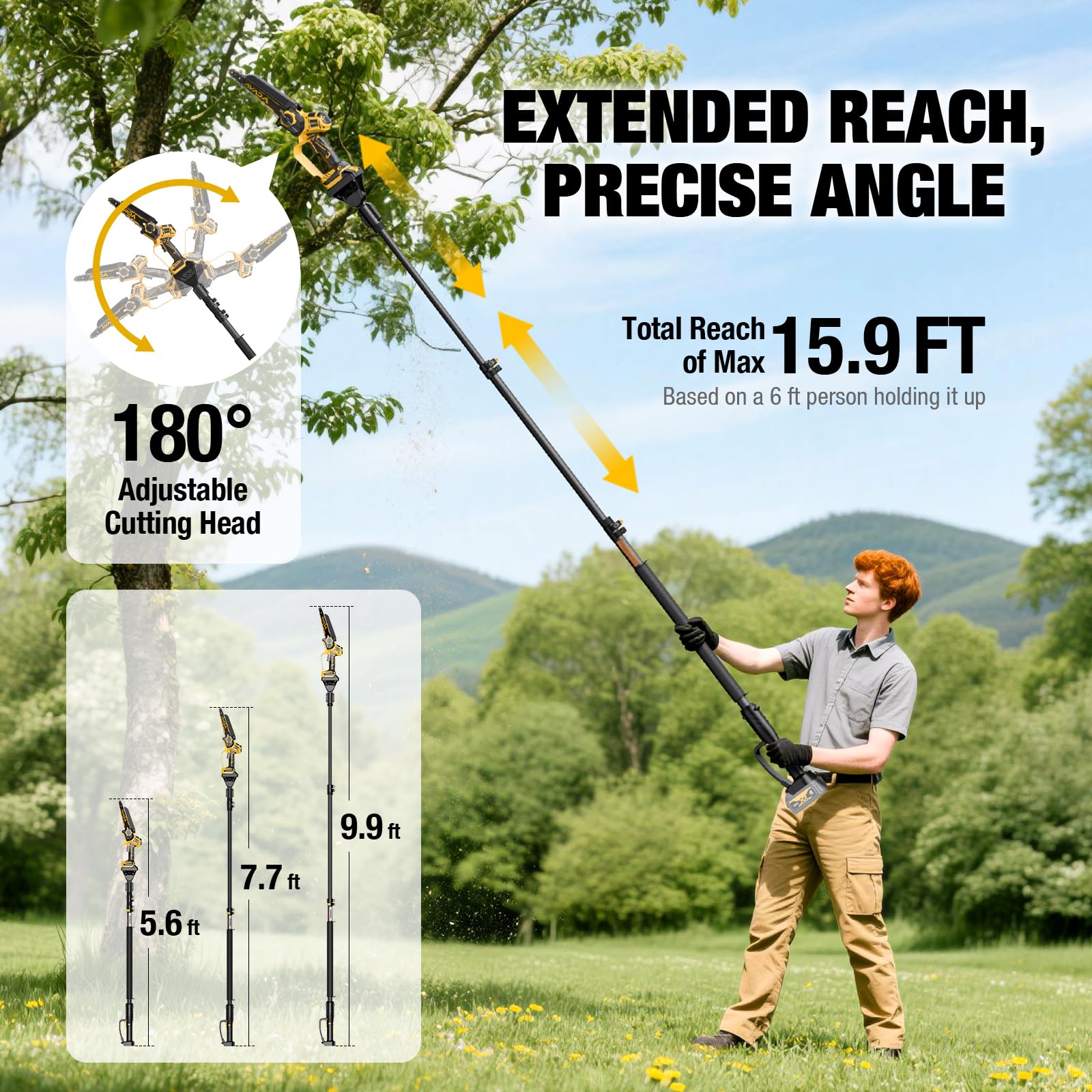 AVADA used as a mini chainsaw by user illustrating handheld trimming benefit
