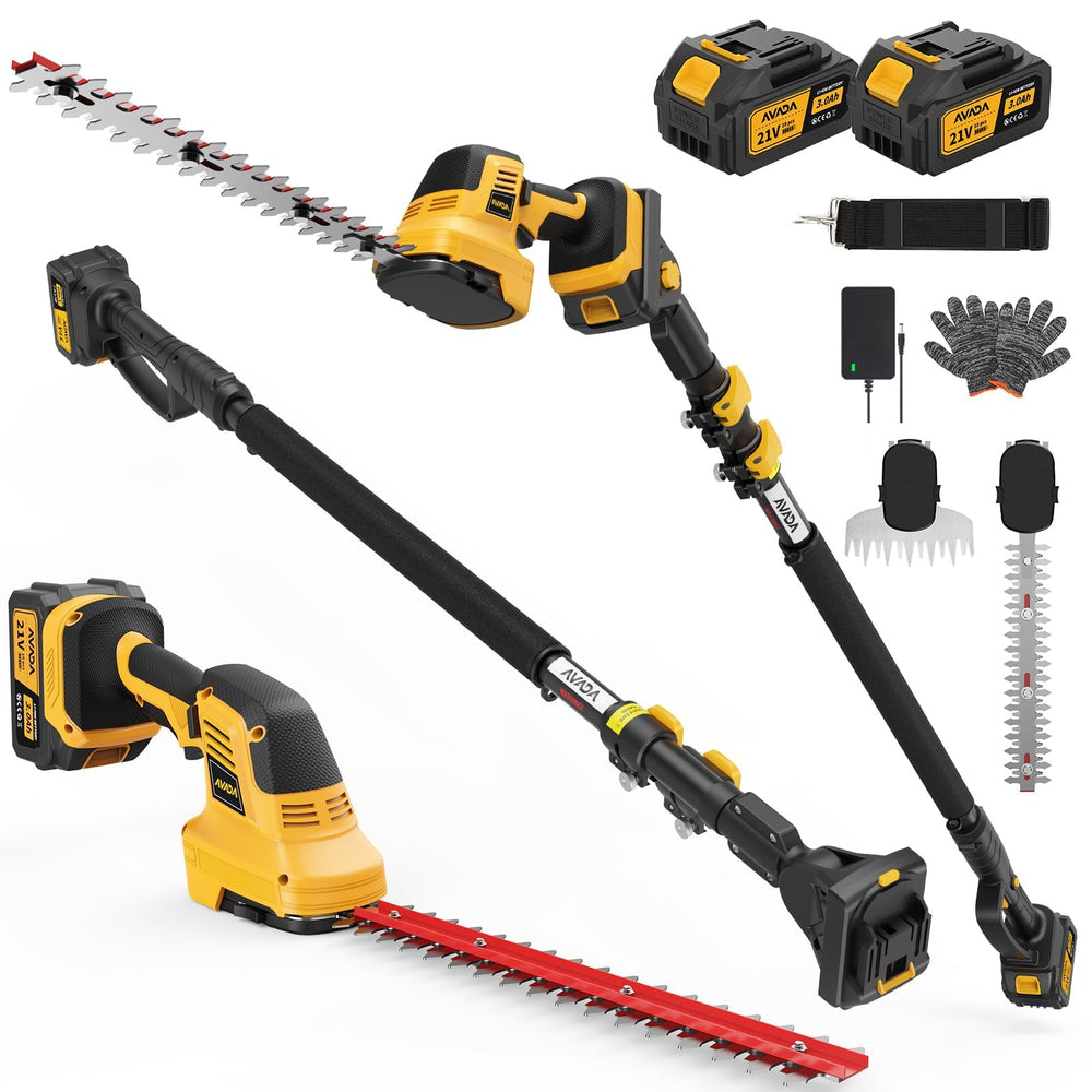 AVADA pole hedge trimmer front view showcasing compact cordless design and portability