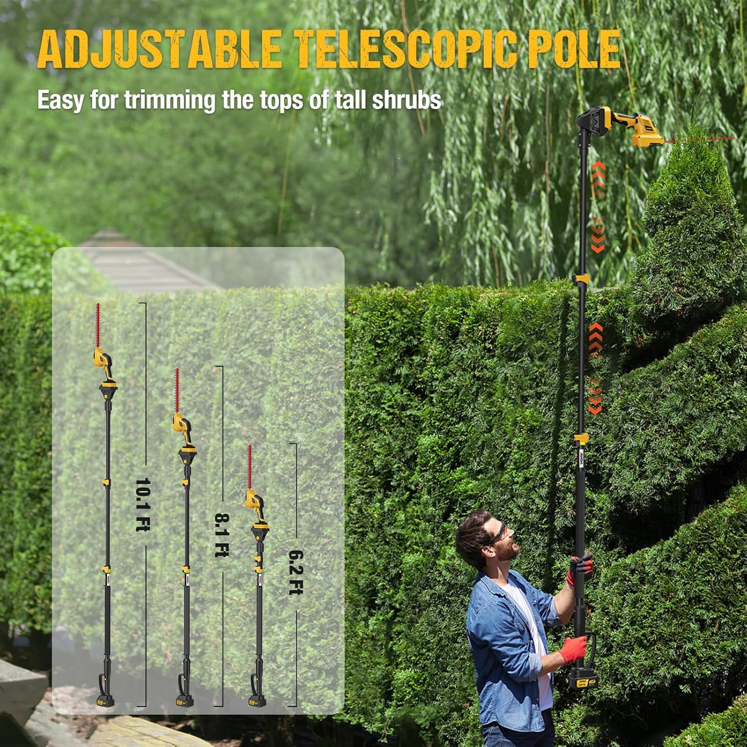 AVADA extended pole reaching high hedge illustrating safer ladder-free trimming