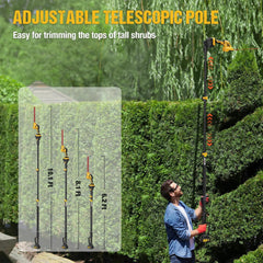 AVADA extended pole reaching high hedge illustrating safer ladder-free trimming