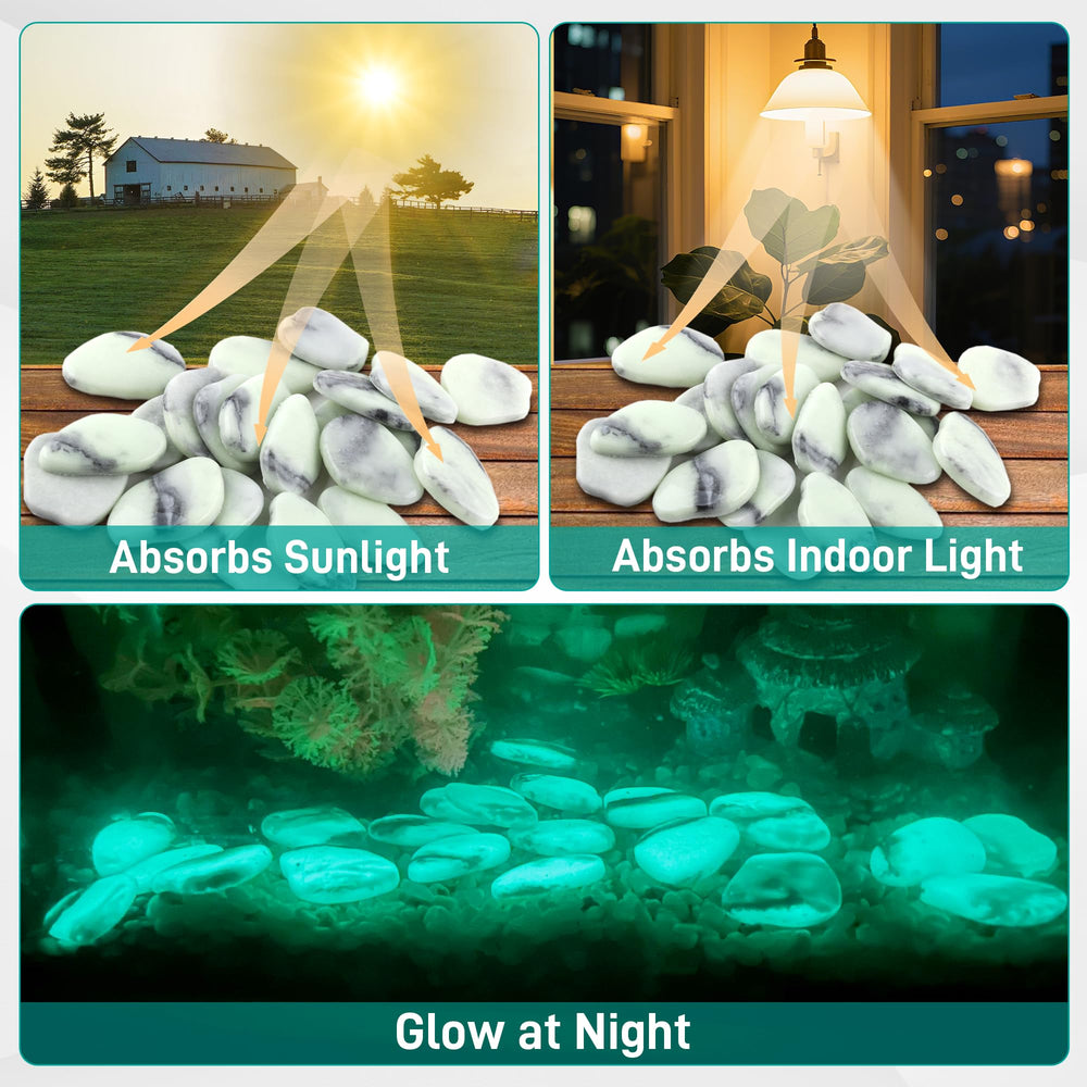 Avalution pebbles glowing blue-green at night creating ambient lighting